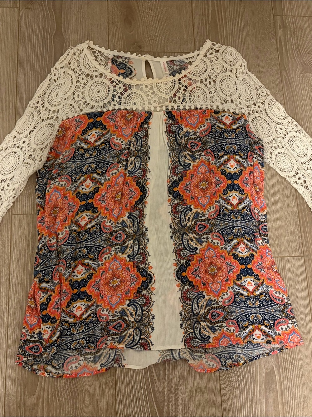 Xhilaration Crochet Yoke Mixed Print Blouse in Cream, Orange & Navy